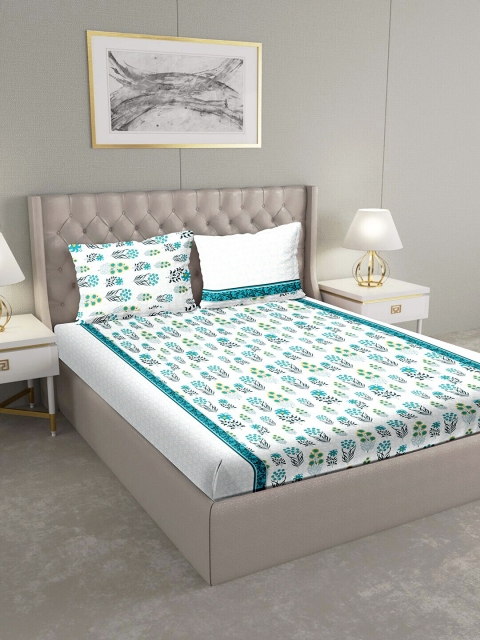 

BELLA CASA White & Green Floral 124 TC Cotton 1 King Bedsheet with 2 Pillow Covers