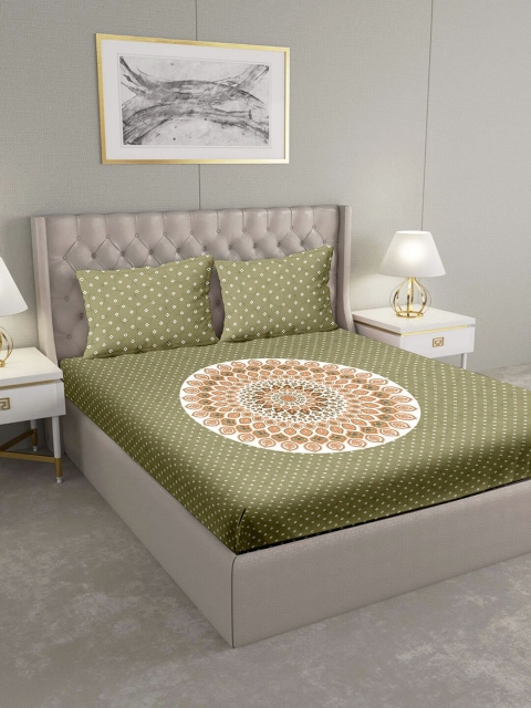 

BELLA CASA Olive Green 124 TC Cotton 1 King Bedsheet with 2 Pillow Covers