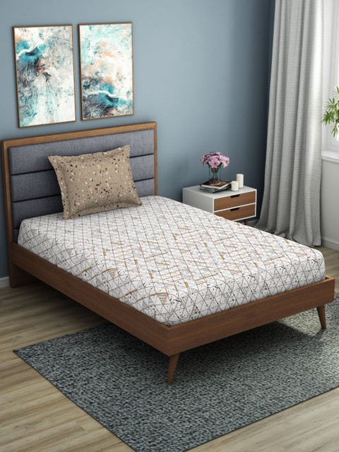 

SPACES White & Grey Geometric 144 TC Cotton 1 Single Bedsheet with 1 Pillow Covers