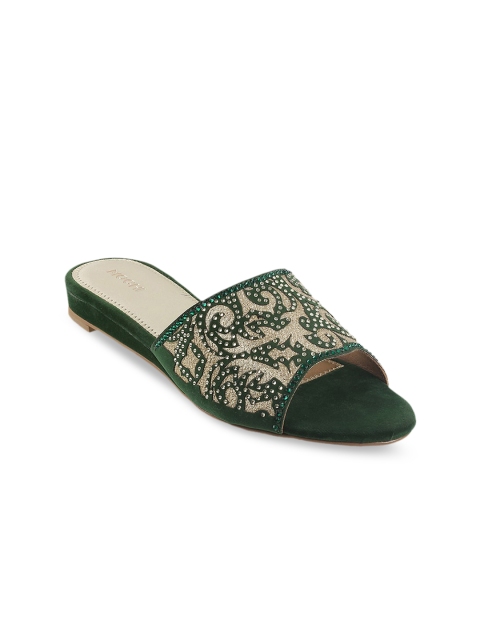

Mochi Women Green & Beige Embellished Open Toe Flats