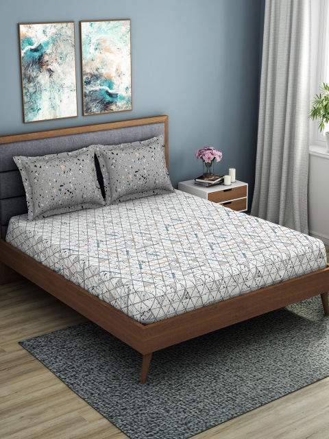 

SPACES White & Grey Geometric 144 TC Cotton 1 Queen Bedsheet with 2 Pillow Covers