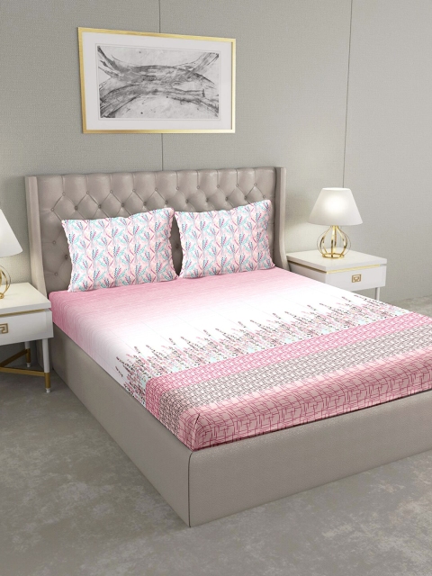 

BELLA CASA Pink & White Floral 124 TC Cotton 1 King Bedsheet with 2 Pillow Covers