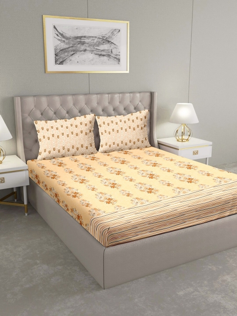

BELLA CASA Beige & Brown Ethnic Motifs 124 TC Cotton 1 King Bedsheet with 2 Pillow Covers