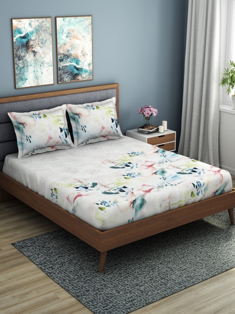 

SPACES White & Pink Abstract 210 TC Cotton 1 King Bedsheet with 2 Pillow Covers