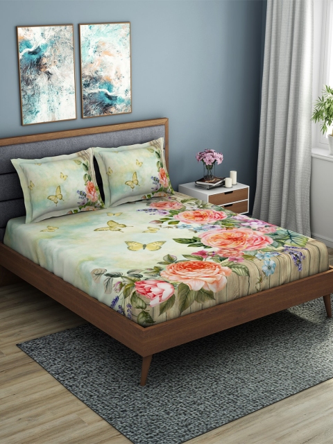 

SPACES Green & Pink Floral 210 TC Cotton 1 King Bedsheet with 2 Pillow Covers