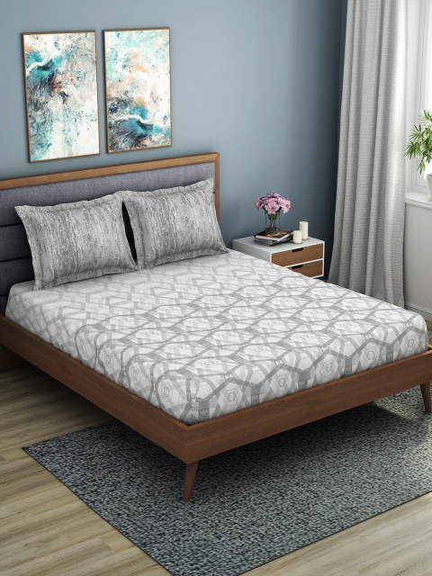

SPACES White & Grey Geometric 144 TC Cotton 1 Queen Bedsheet with 2 Pillow Covers