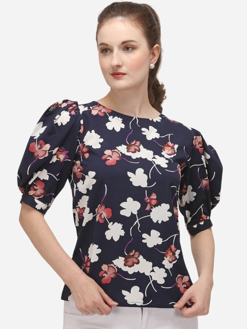 

Fbella Navy Blue Floral Printed Puff Sleeves Crepe Regular Top