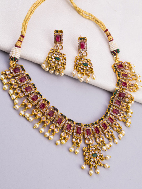 

Alankruthi Gold-Plated Pink & Green Stone-Studded & White Beaded Jewellery Set