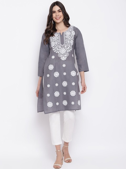 

Purplicious Women Grey & White Chikankari Embroidered Kurta