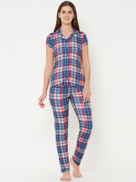 

Sweet Dreams Women Blue & Pink Checked Night suit