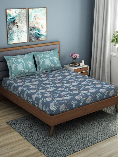 

SPACES Navy Blue & Teal Floral 144 TC Cotton 1 Queen Bedsheet with 2 Pillow Covers