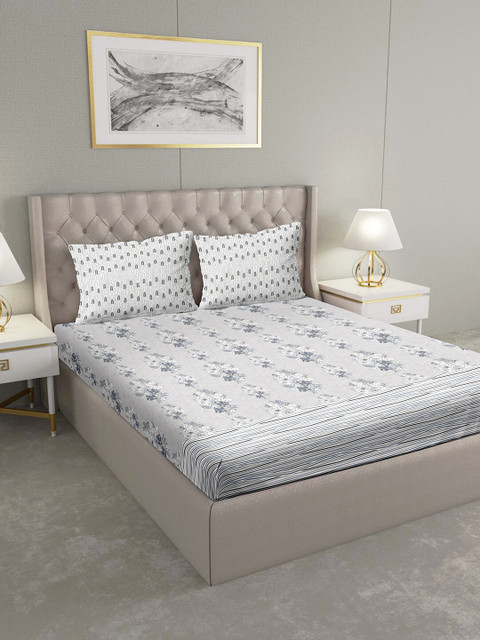 

BELLA CASA Grey & Off-White Ethnic Motifs 124 TC Cotton 1 King Bedsheet with 2 Pillow Covers