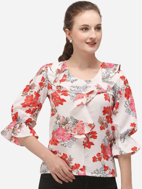 

Fbella White Floral Printed Bell Sleeves Crepe Regular Top