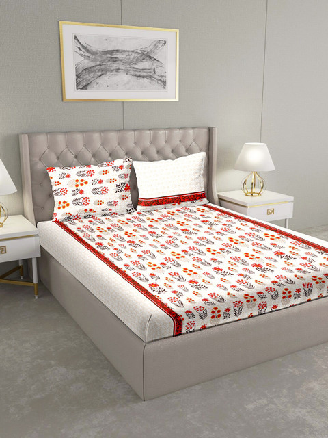 

BELLA CASA White & Red Floral 124 TC Cotton 1 King Bedsheet with 2 Pillow Covers