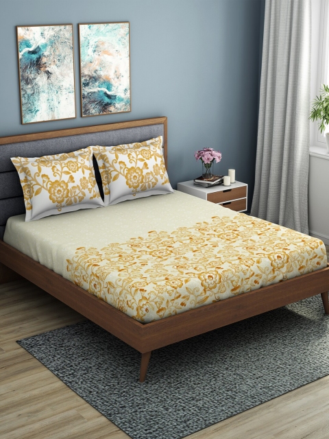 

SPACES Beige & Mustard Floral 144 TC Cotton 1 King Bedsheet with 2 Pillow Covers