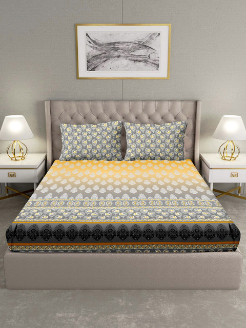 

BELLA CASA Yellow Ethnic Motifs 124 TC Cotton 1 Extra Large Bedsheet with 2 Pillow Covers