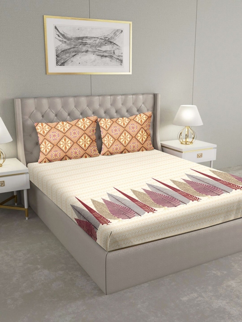 

BELLA CASA Beige & Purple Ethnic Motifs 124 TC Cotton 1 King Bedsheet with 2 Pillow Covers