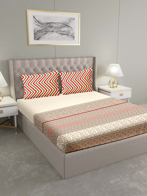 

BELLA CASA Beige & Red Ethnic Motifs 124 TC Cotton 1 King Bedsheet with 2 Pillow Covers