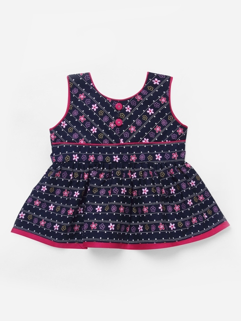 

The Magic Wand Girls Navy Blue & Pink Floral Printed Cotton Fit and Flare Dress