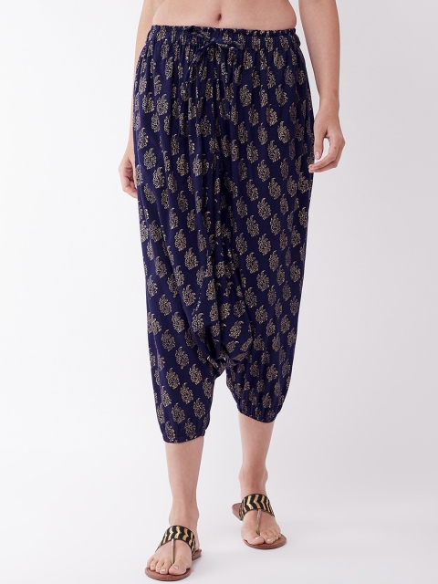 

InWeave Women Navy Blue & Gold-Colour Printed Cropped Harem Pants
