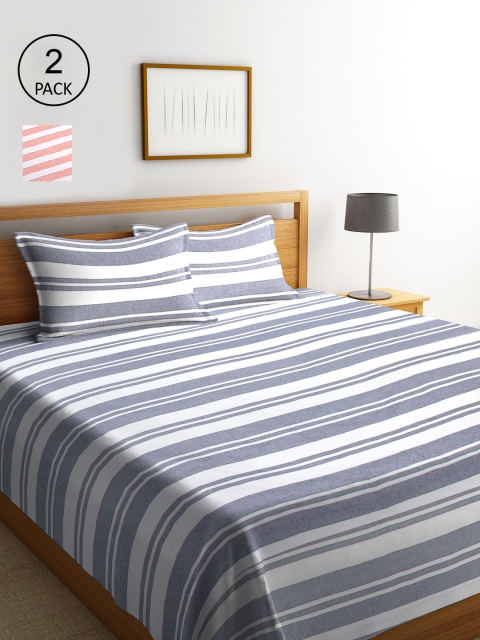 

KLOTTHE Set Of 2 Striped Double Bed Covers With 4 Pillow Covers, Grey
