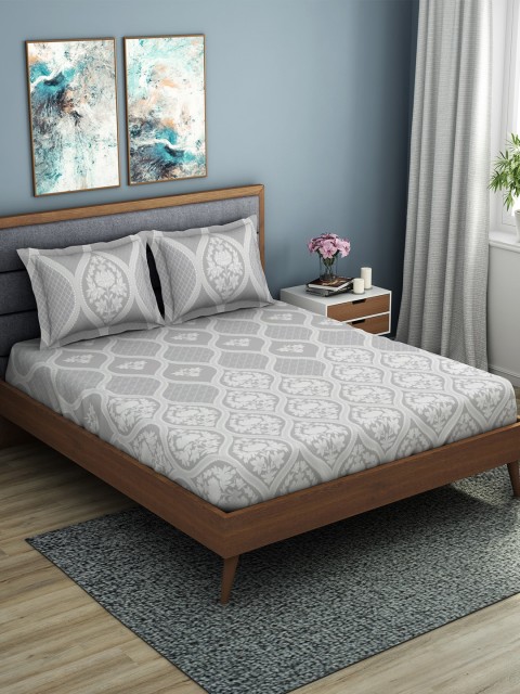 

SPACES Grey & White Ethnic Motifs 144 TC Cotton 1 King Bedsheet with 2 Pillow Covers