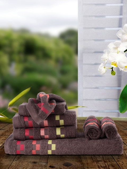 BIANCA Set Of 7 Brown Self-Design Cotton 450 GSM Towel Set