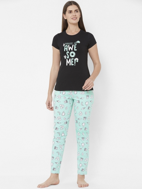 

Sweet Dreams Women Black & Sea Green Printed Night suit