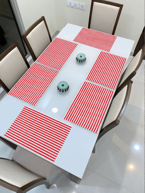 

HOKIPO Set Of 6 Red & White Striped Ribbed Cotton Tablemats