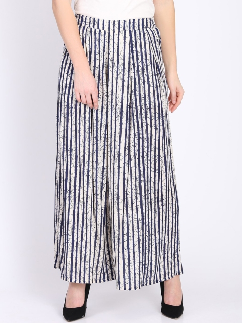 

DODO & MOA Women Off-White & Navy Blue Regular Fit Striped Parallel Trousers