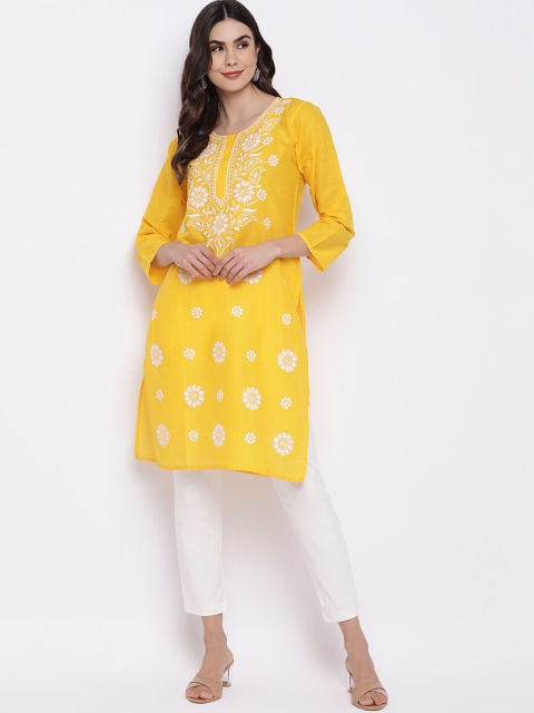 

Purplicious Women Yellow & White Ethnic Motifs Chikankari Kurta