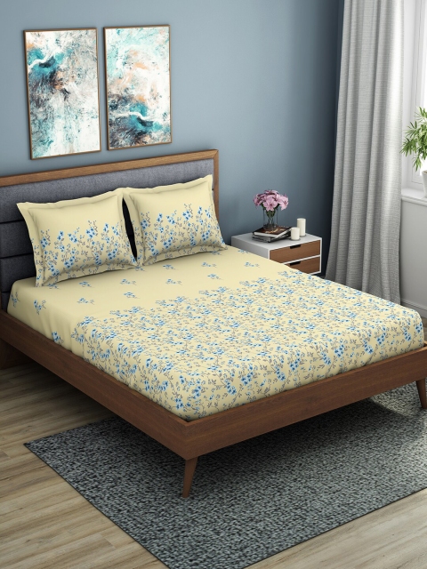 

SPACES Yellow & Blue Floral 144 TC Cotton 1 Queen Bedsheet with 2 Pillow Covers