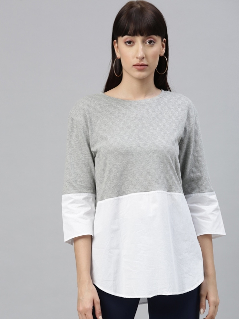 

RAREISM Grey & White Colourblocked Pure Cotton High-low Longline Top