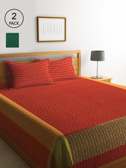 

KLOTTHE Set Of 2 Floral Double Bed Covers With 4 Pillow Covers, Orange