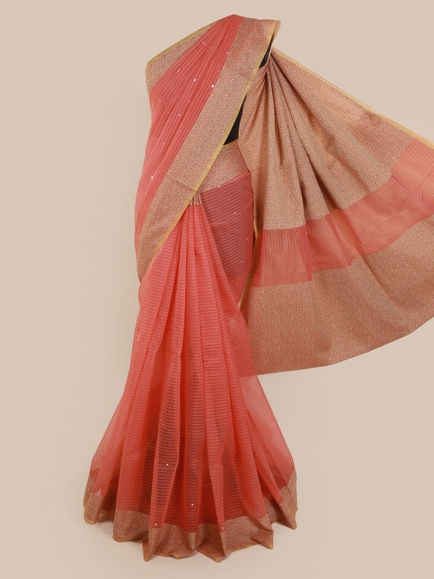 

Pothys Pink & Beige Supernet Striped Saree