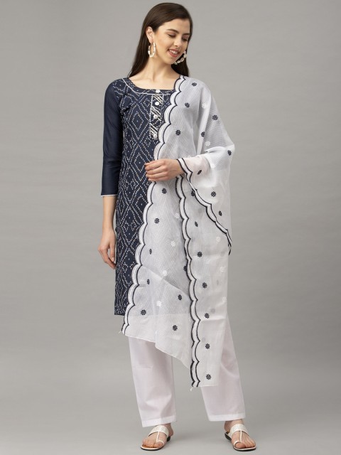 

Satrani Navy Blue & White Pure Cotton Unstitched Dress Material