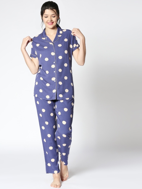 

Zeyo Women Blue & Cream-Coloured Polka Dot Printed Night Suit