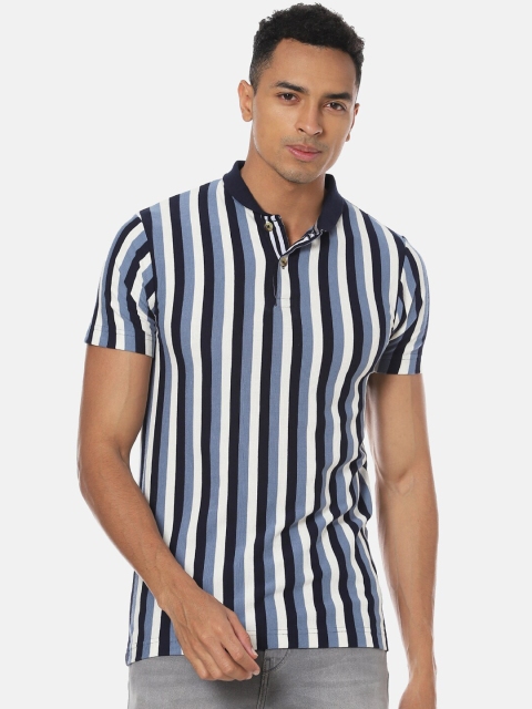 

Campus Sutra Men Blue Striped Polo Collar T-shirt