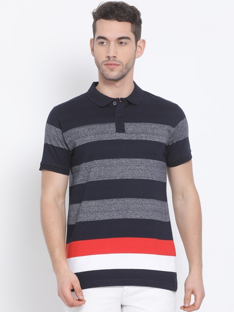 Club York Men Navy Blue Striped Polo Collar T-shirt