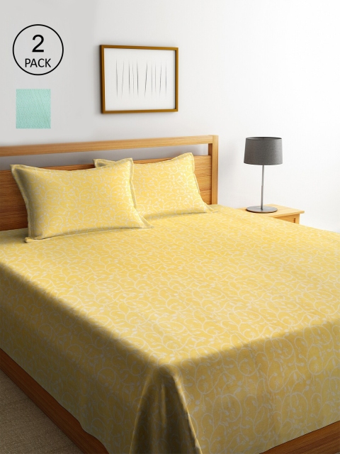 

KLOTTHE Set Of 2 Floral Double King Bed Covers With 4 Pillow Covers, Yellow