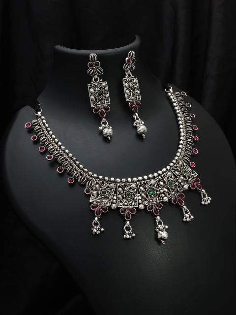 

aadita Oxidised Silver-Plated Pink & Green Stone-Studded & Beaded Jewellery Set