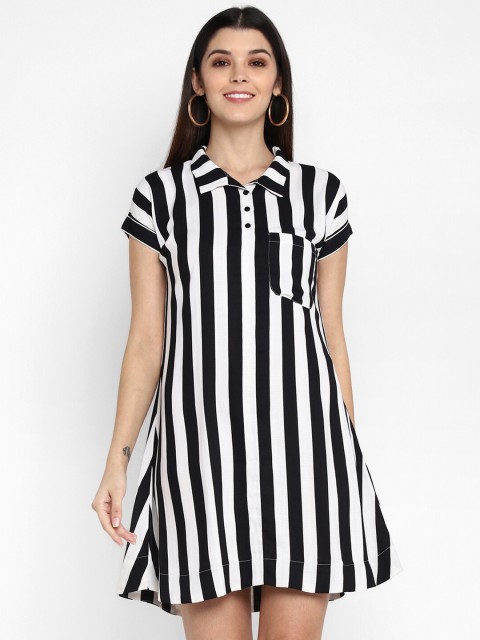 

Fbella Women Black & White Striped Cotton Shirt Dress