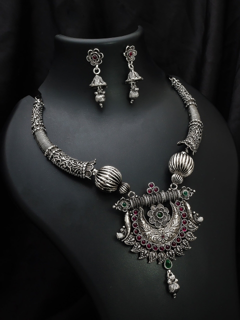 

aadita Oxidised Silver-Plated Pink & Green Stone-Studded Tribal Jewellery Set