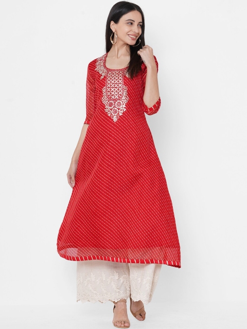 Fashor Women Red Ethnic Motifs Embroidered Thread Work Kurta