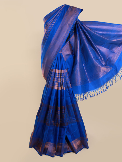 

Pothys Blue & Gold-Toned Pure Silk Striped Kanjeevaram Saree