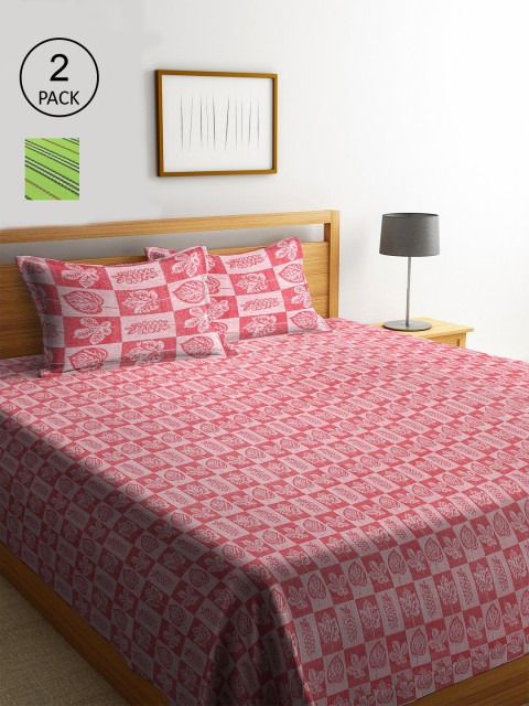 

KLOTTHE Set of 2 Green & Red Striped Double King Bed Covers With 4 Pillow Covers