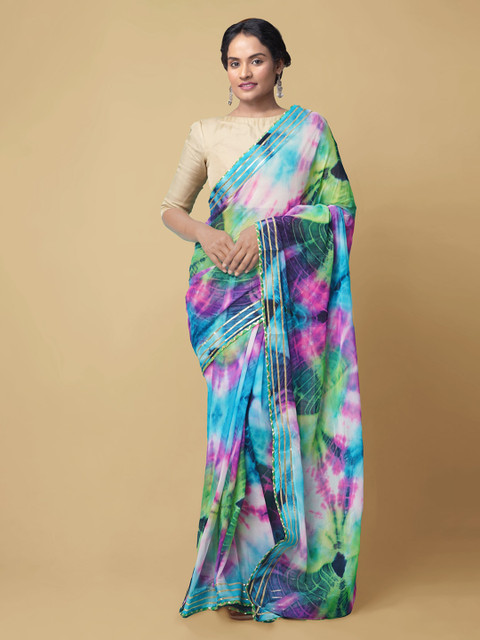 

Unnati Silks Multicoloured Pure Chiffon Dyed Baluchari Saree, Multi