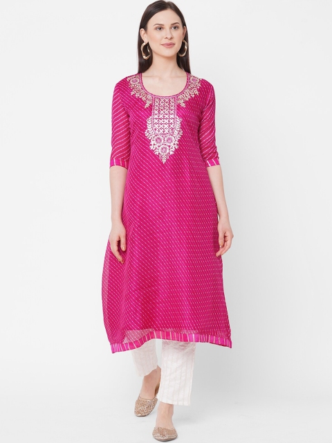 

FASHOR Women Pink Leheriya Printed Thread Work Kurta