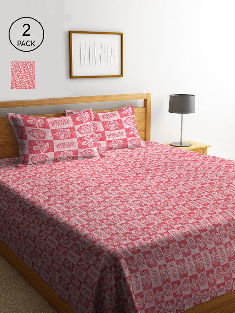 

KLOTTHE Set Of 2 Pink Woven-Design Double King Bed Covers With 4 Pillow Covers