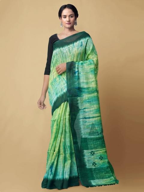 

Unnati Silks Green Pure Silk Checked Sambalpuri Saree